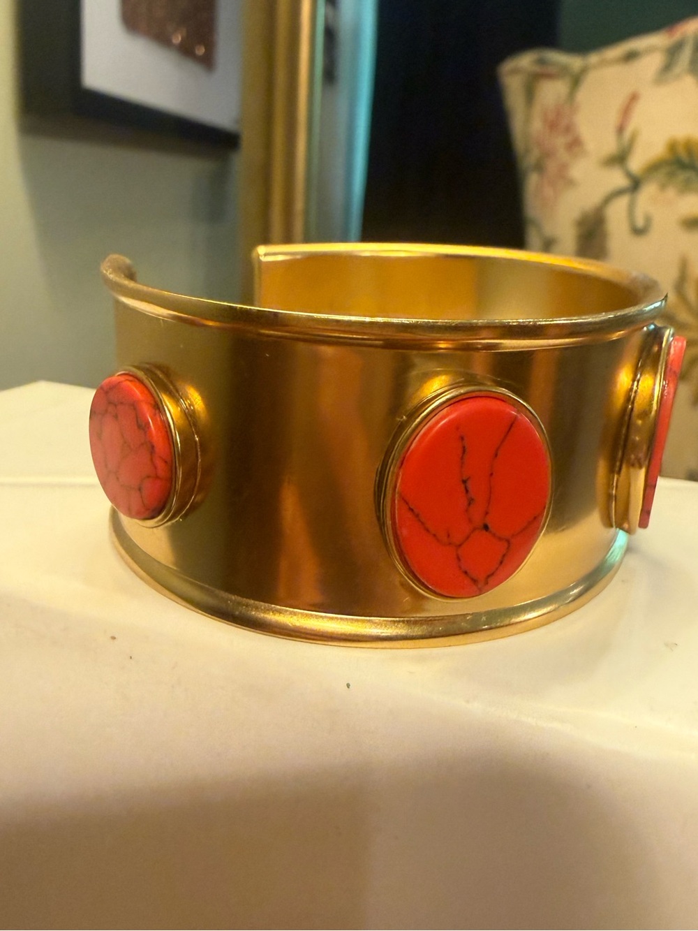 kate spade Bright and Bold Gold Cuff Bracelet with Coral Red Stones & Dustbag - Picture 5 of 9